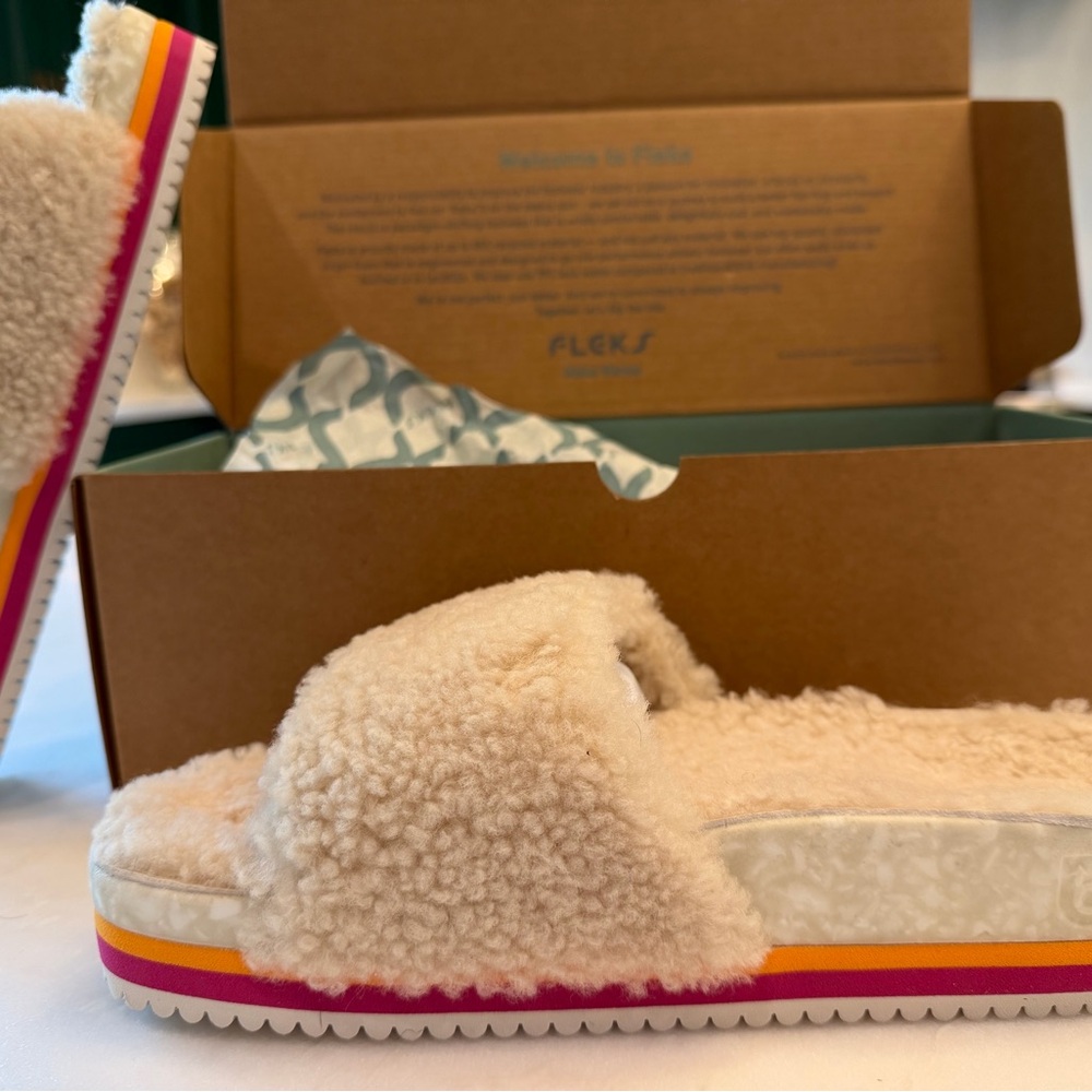 Fleks for Free People Cream Sherpa Slide Sandals with Color-Strip Sole